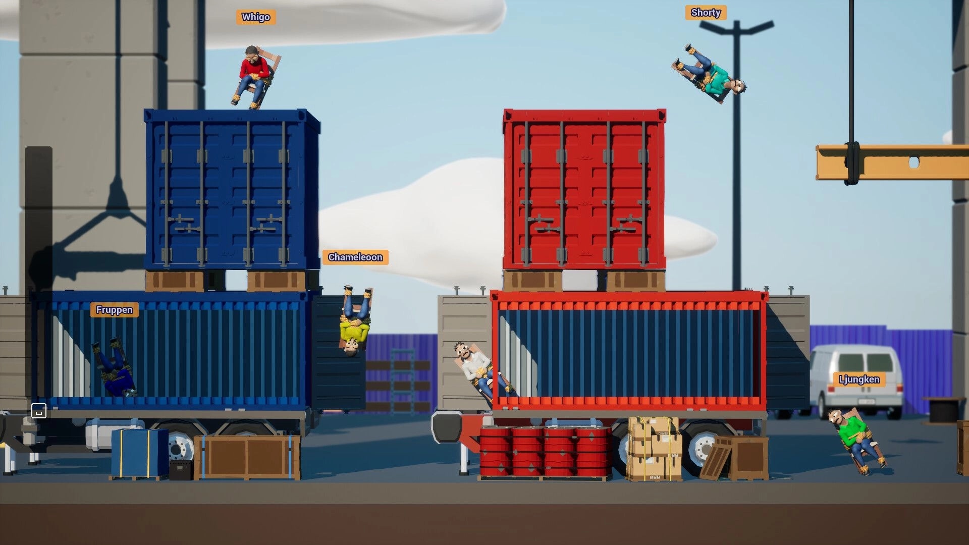 Bound To Fail: Multiplayer chair avatars leap on stacked shipping containers in a busy dockyard scene.