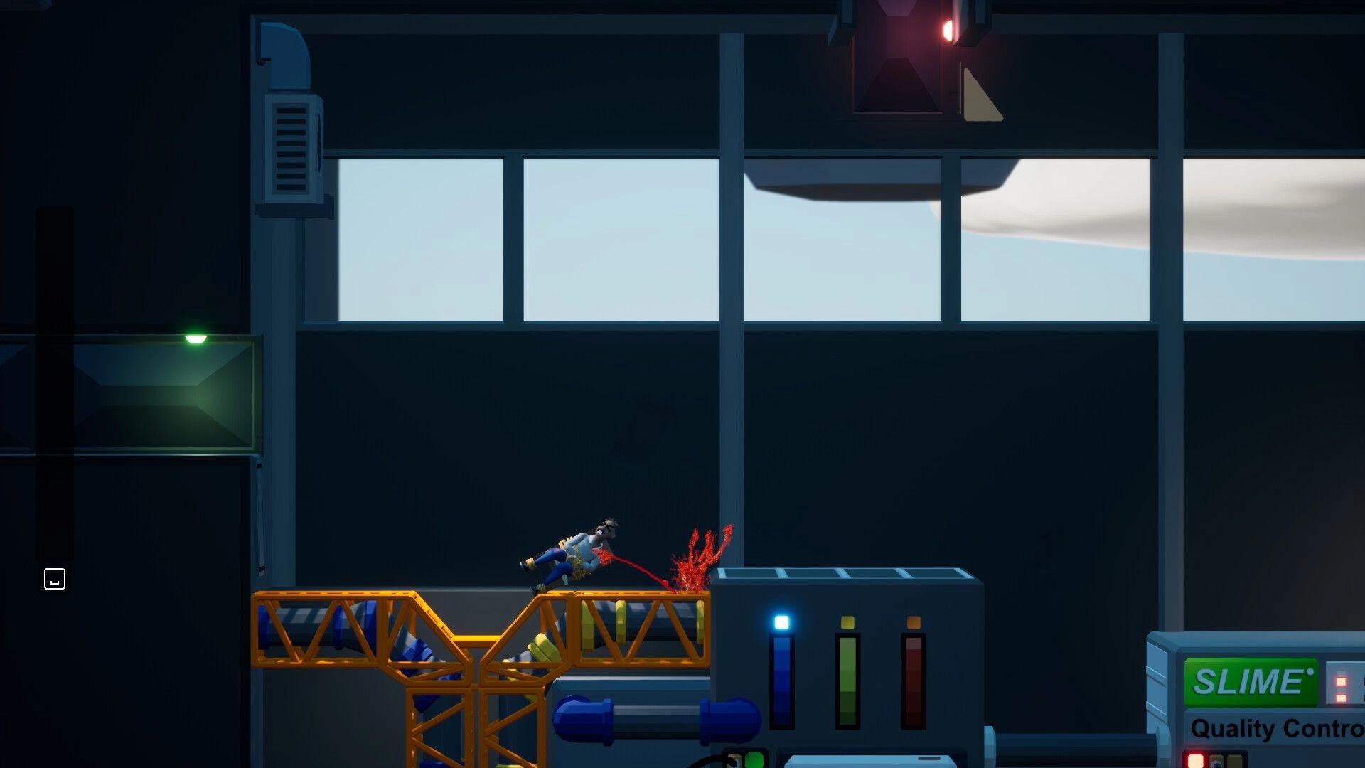 Bound To Fail: Ragdoll player tumbles on orange catwalk near slime controls in a dark factory room.