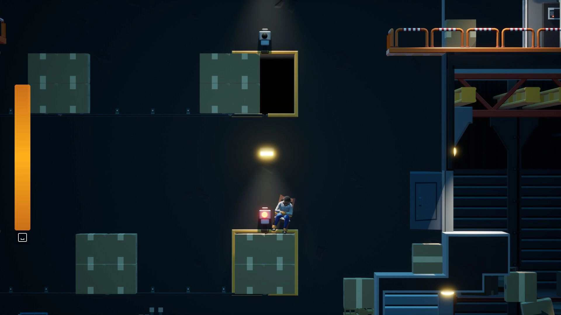 Bound To Fail: Chair-bound player perched on a block by a red beacon in a dark factory platform room.