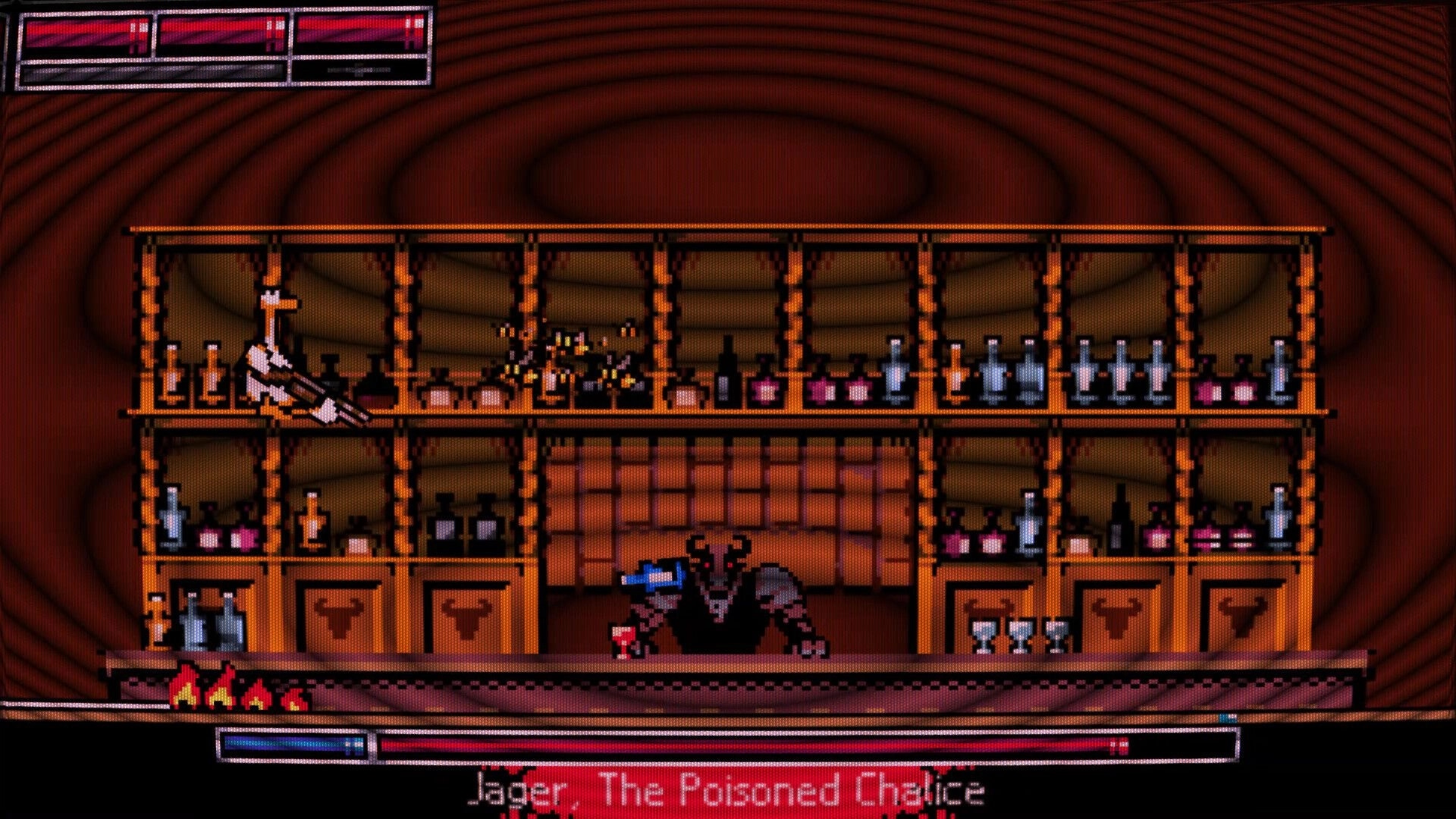 Bourbon Risky: Jager, The Poisoned Chalice boss fight in a retro-style bar setting with potion shelves