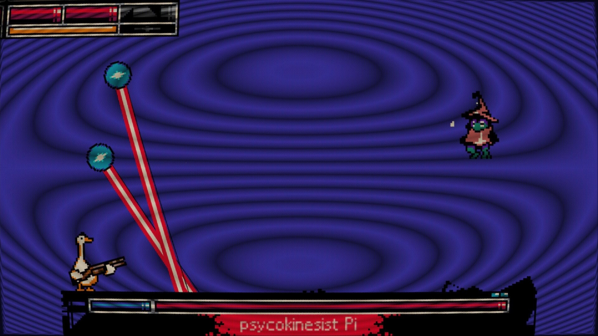 Bourbon Risky: Duck with gun fires lasers at wizard boss in a wavy purple arena with health bars.