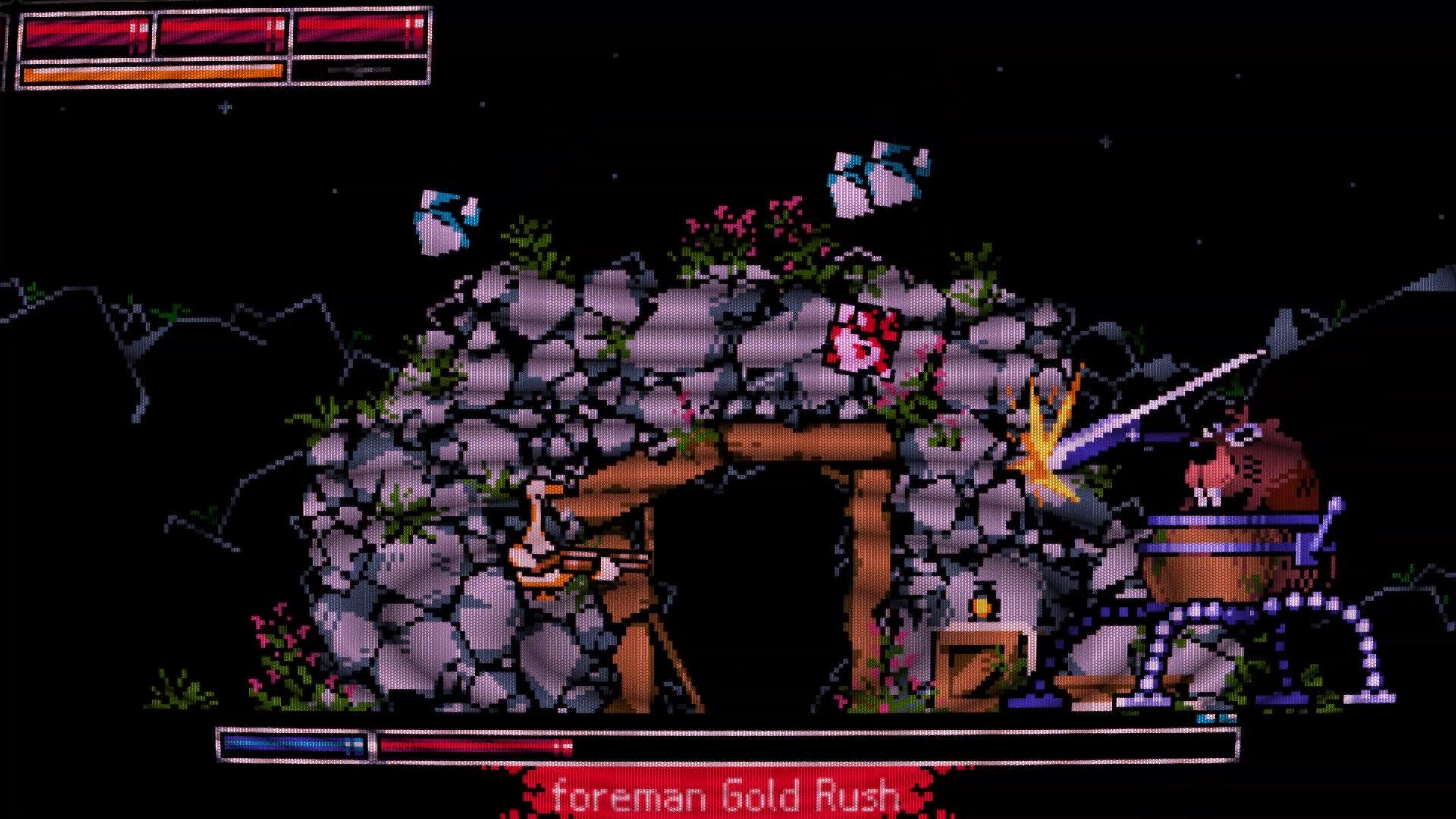 Bourbon Risky: Player battling Foreman Gold Rush boss in rocky cave with health bars displayed