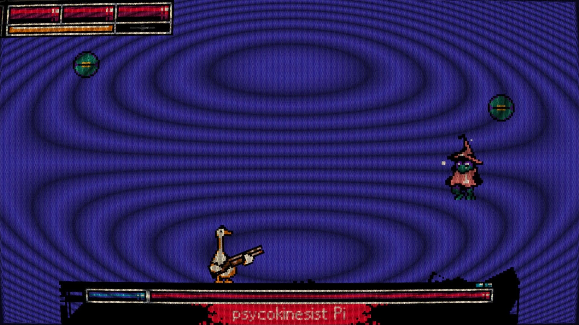Bourbon Risky: Duck character with gun faces boss in a hypnotic spiral arena with health bars visible