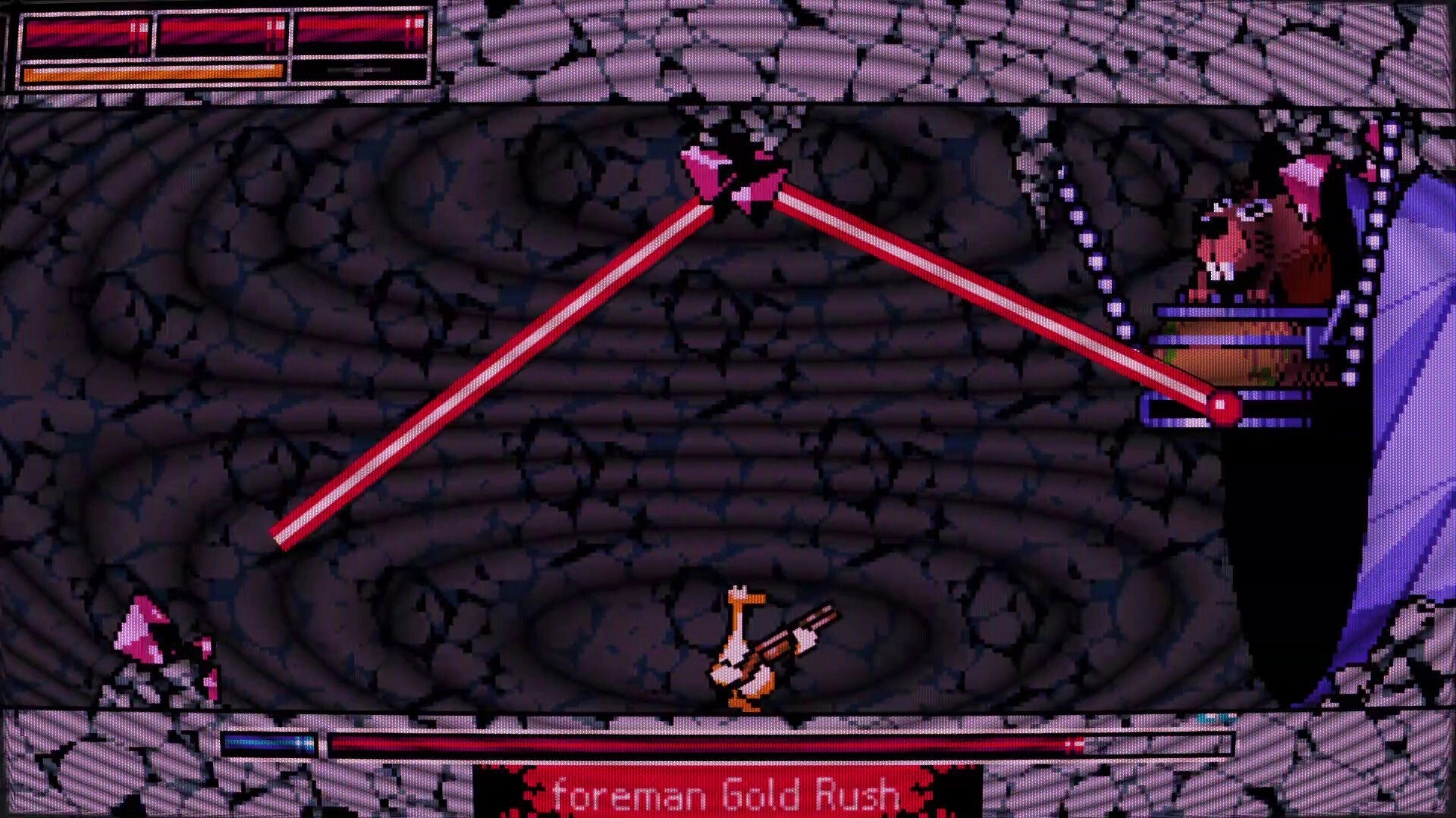 Bourbon Risky: Character dodging red laser beams in a cavernous boss fight against Foreman Gold Rush