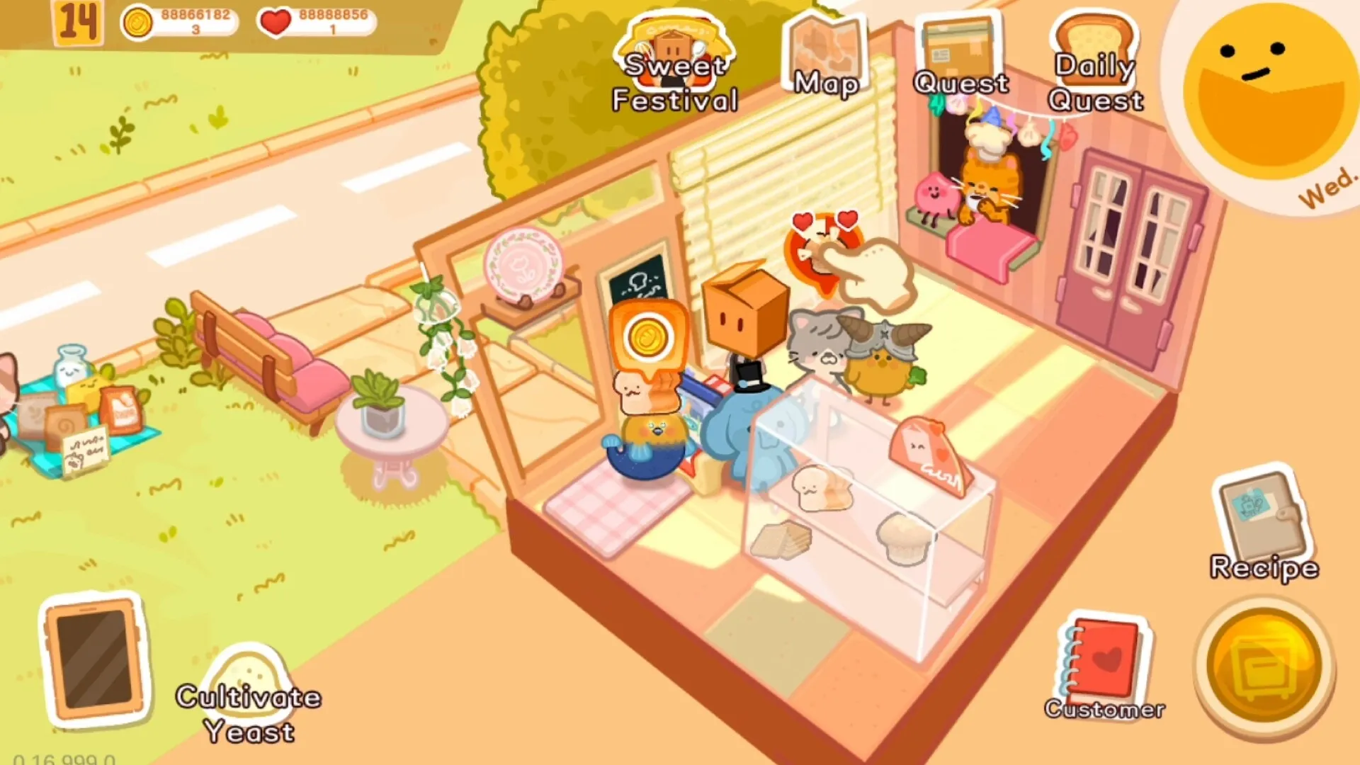 Box Bakery: Adorable animals and bakery items in a cozy shop with UI showing quests and recipes