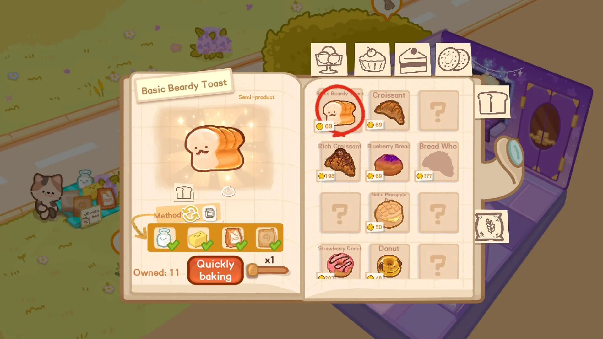 Box Bakery: Recipe book open with Basic Beardy Toast recipe, ingredients, and adorable cat outside.