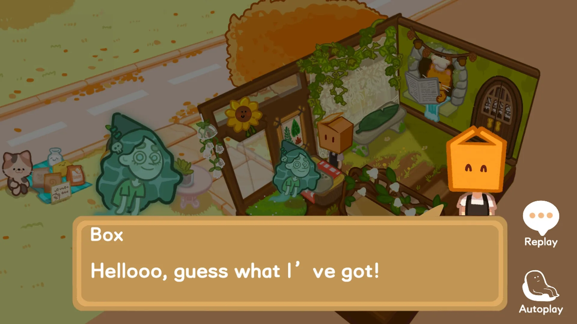 Box Bakery: Box character interacts with ghost in a cozy, plant-filled bakery setting