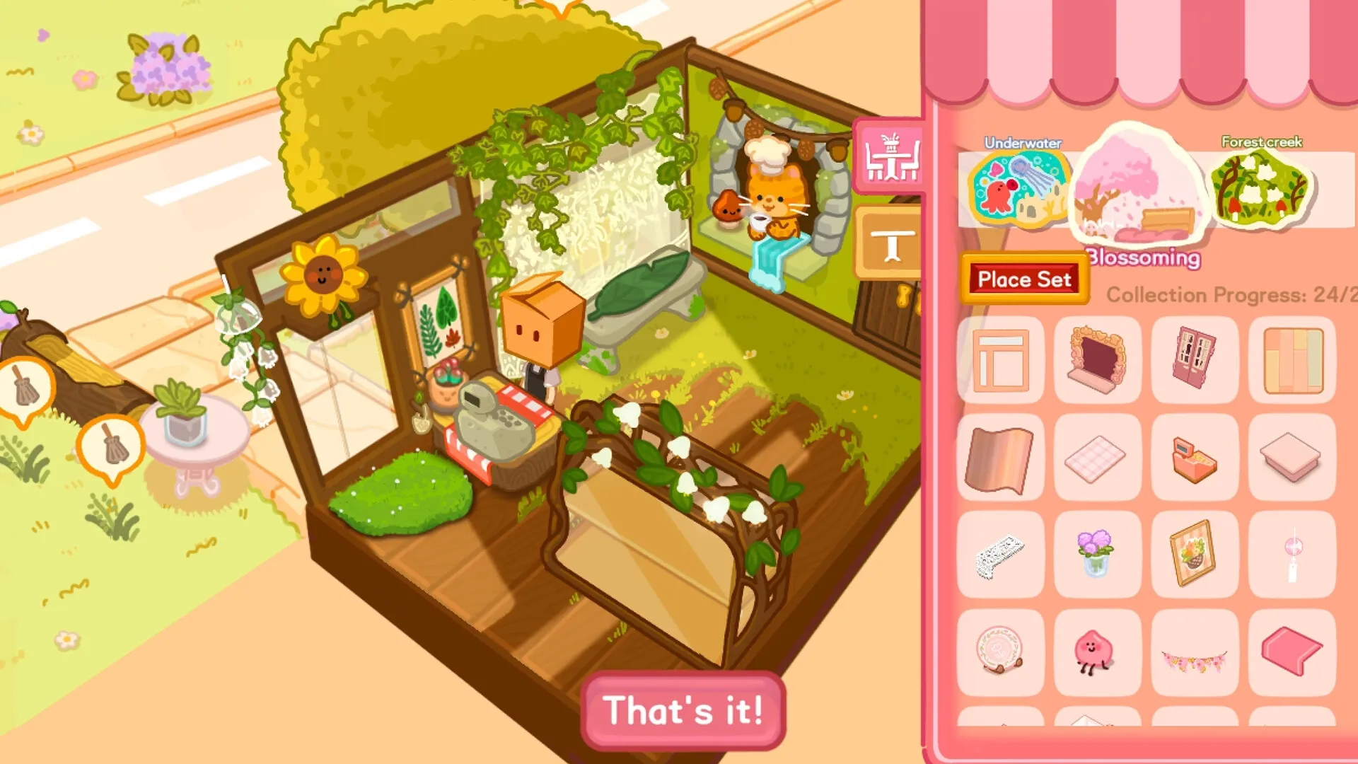 Box Bakery: Cozy interior with a fox baking, UI showing scrapbook items and a progress counter.