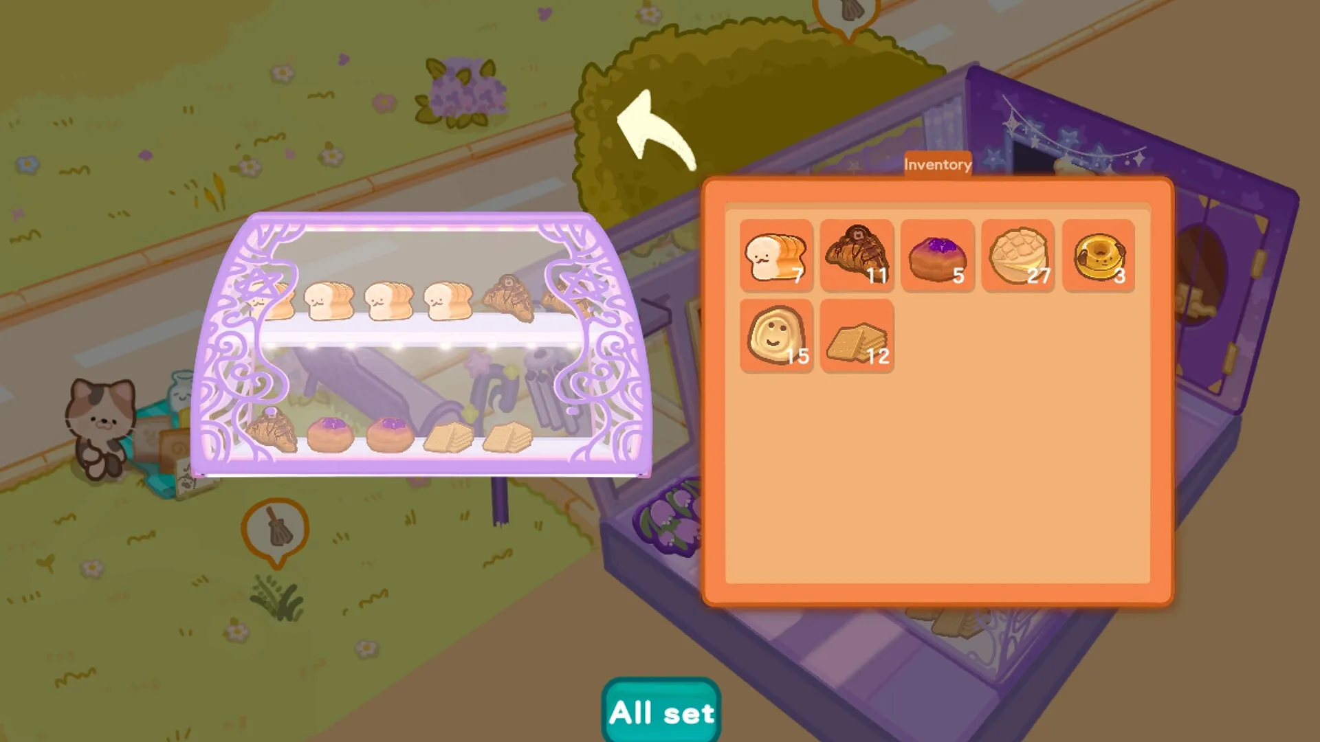 Box Bakery: Inventory menu with various baked goods displayed next to a purple bakery stand in town