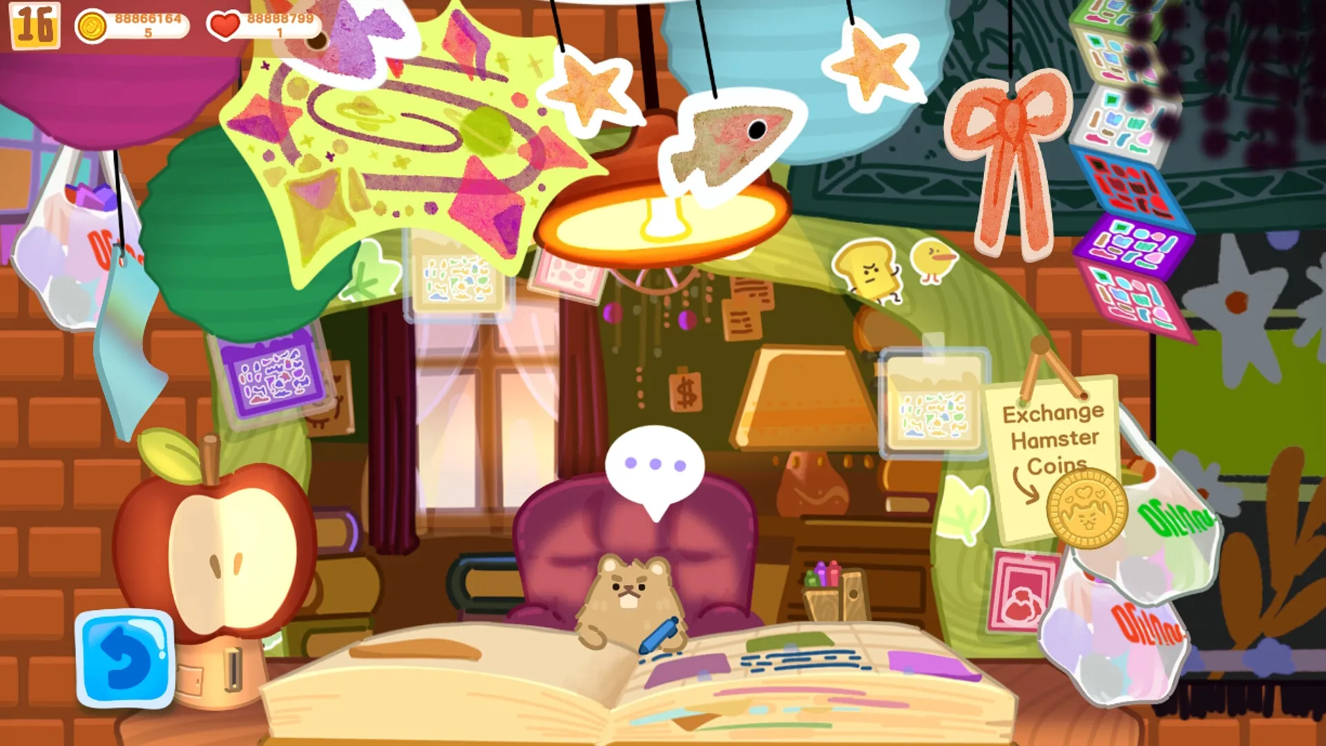 Box Bakery: Hamster with pen sits at desk surrounded by colorful decorations and exchange sign