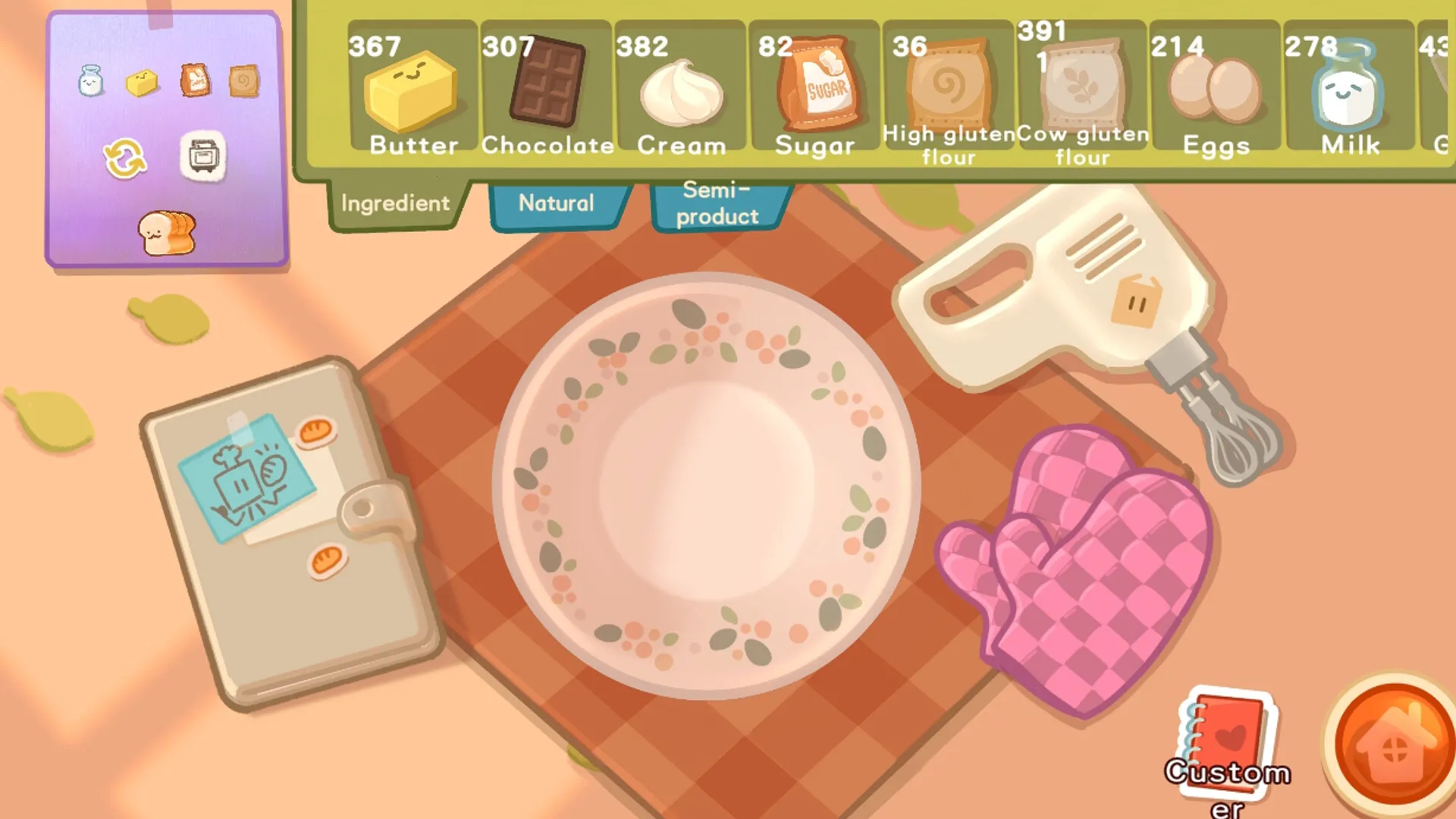 Box Bakery: Ingredient selection screen with butter, chocolate, cream, and sugar options displayed