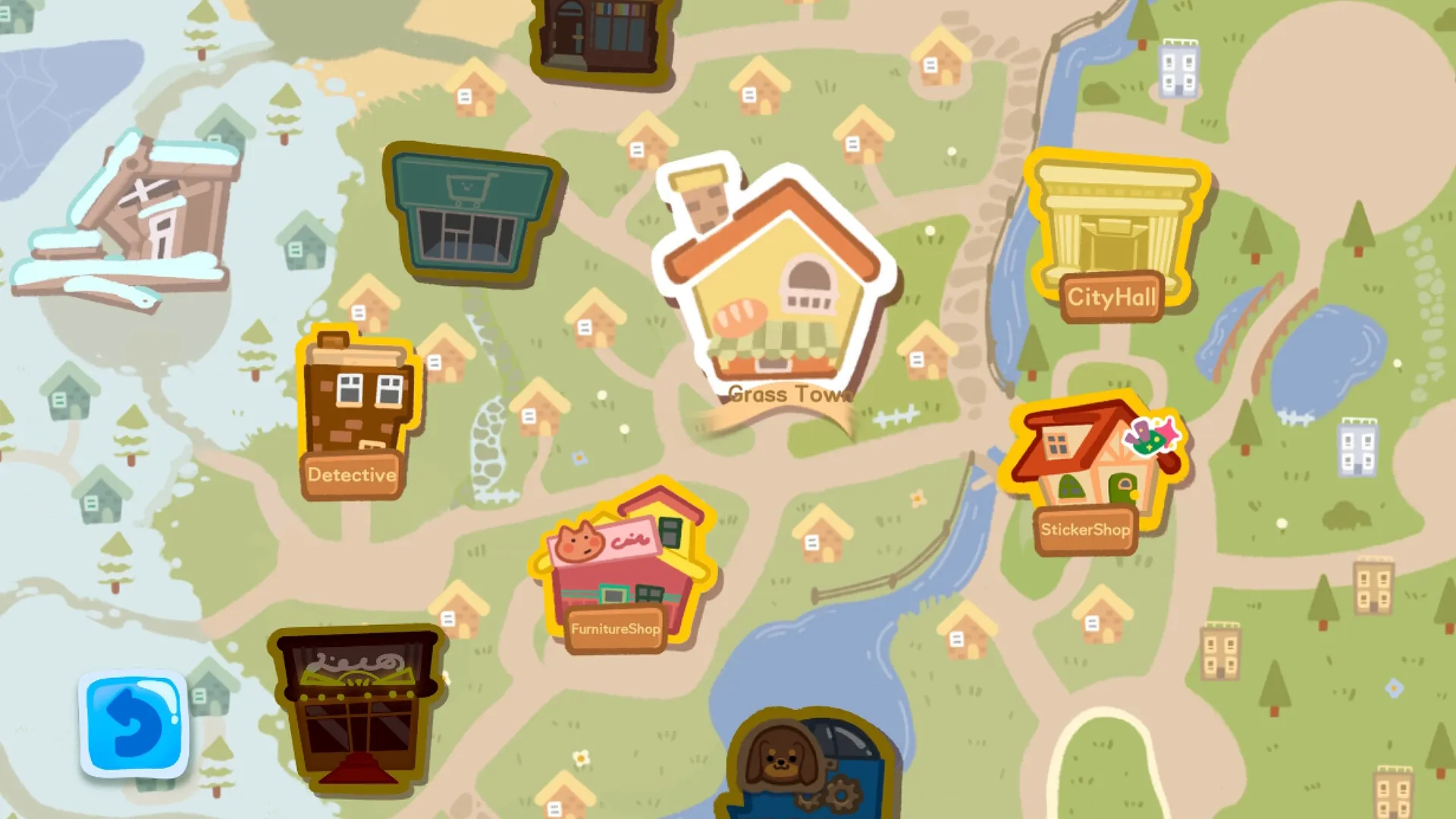 Box Bakery: Overhead map view with various town locations like City Hall and Detective marked visibly.