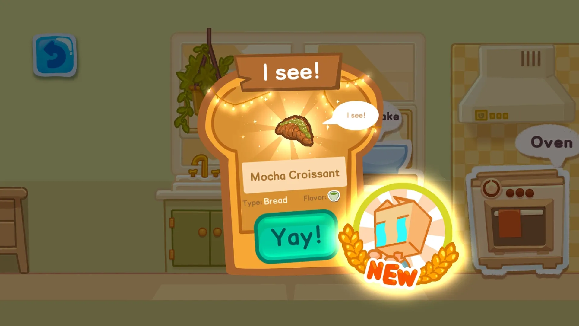 Box Bakery: Mocha Croissant discovery with "Yay!" button in cozy kitchen setting
