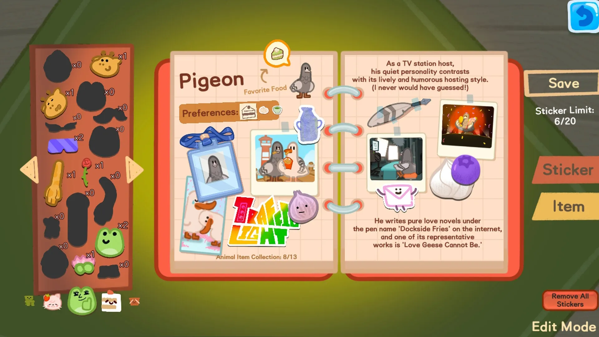 Box Bakery: Pigeon's scrapbook page with favorite food and stickers in cozy bakery setting.