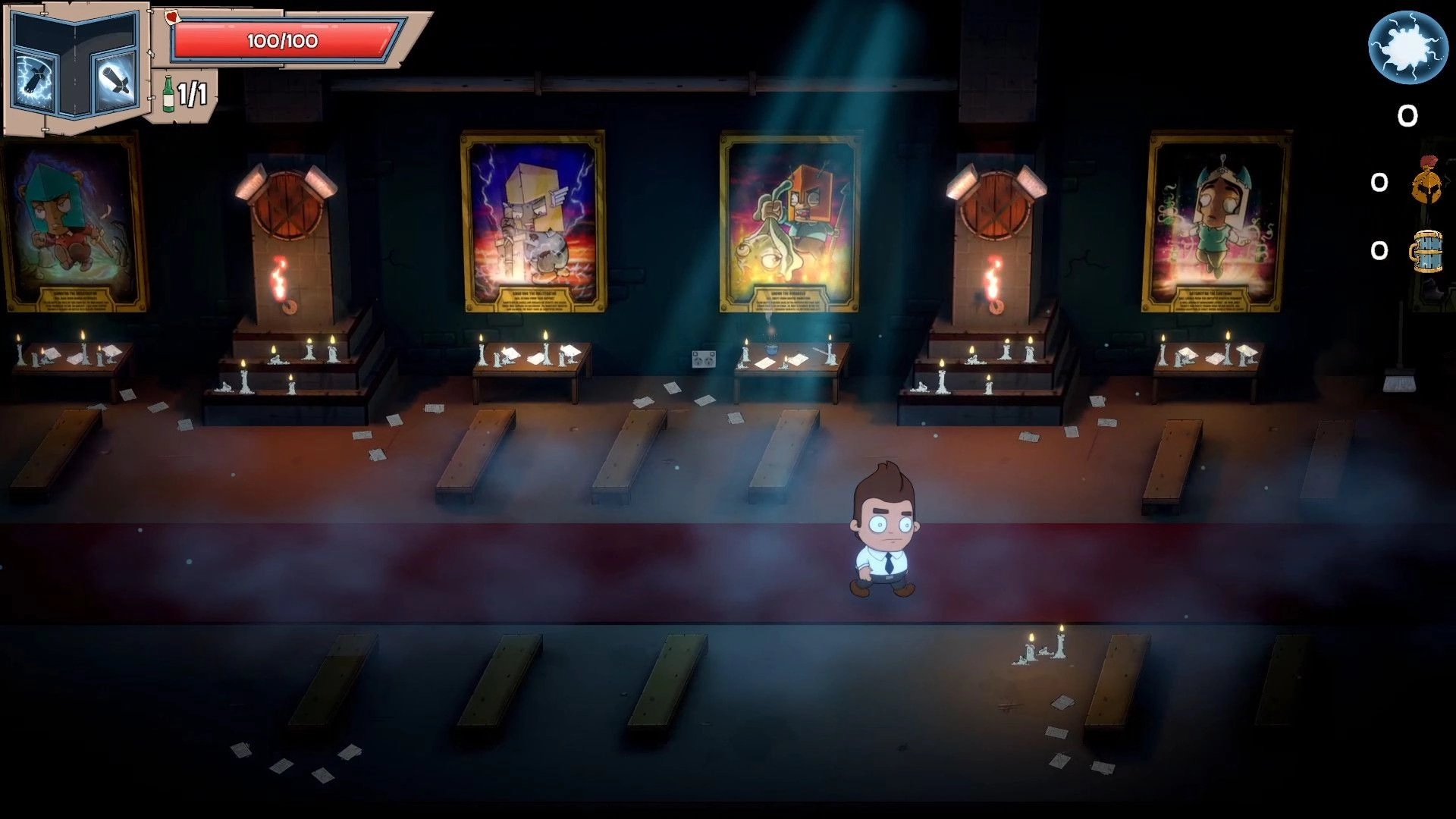 Box Knight: Character exploring a dimly lit hall with posters and candles, health bar at 100/100