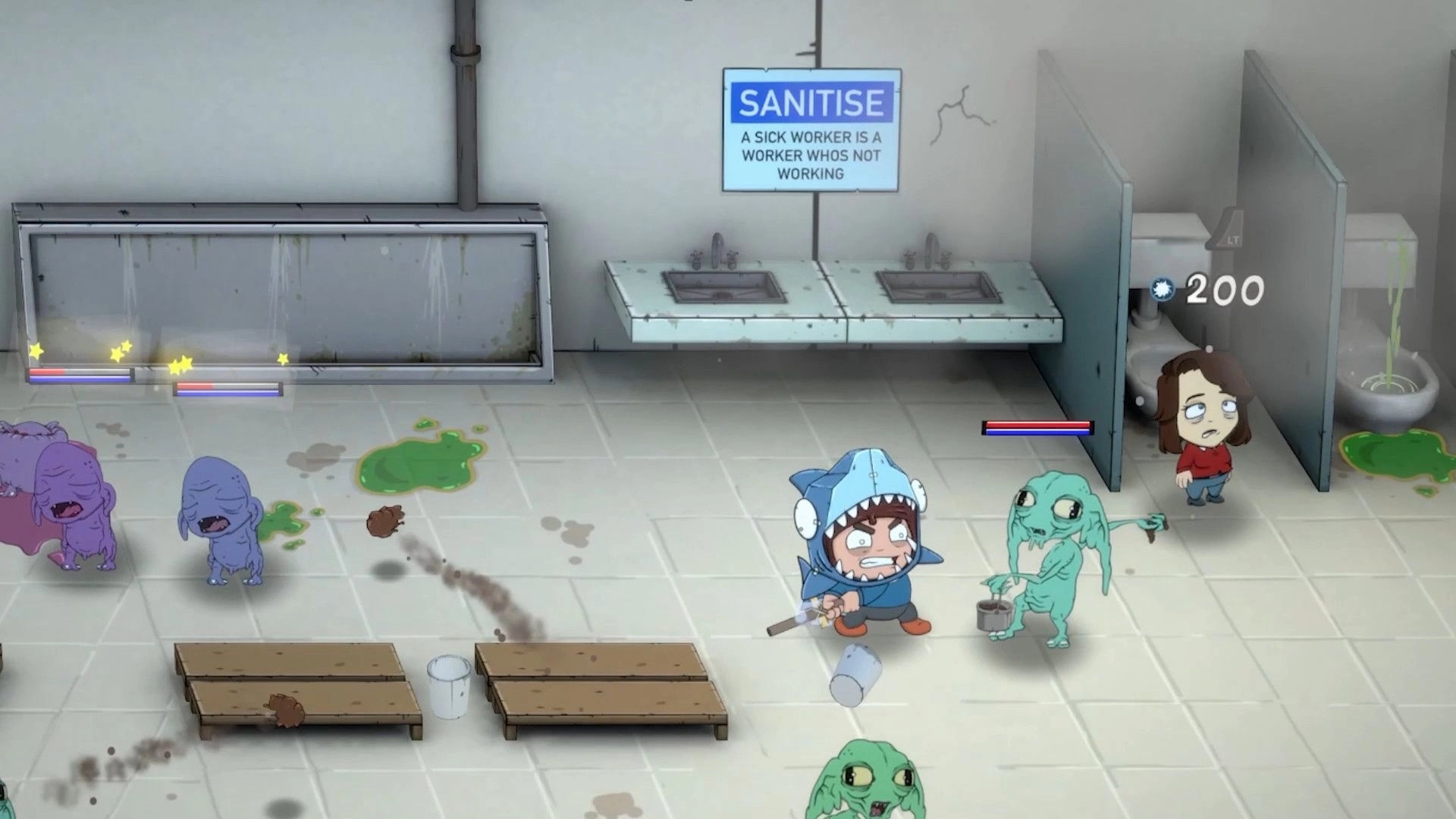 Box Knight: Character battles green monster in a messy, cartoon-style restroom with health bars visible