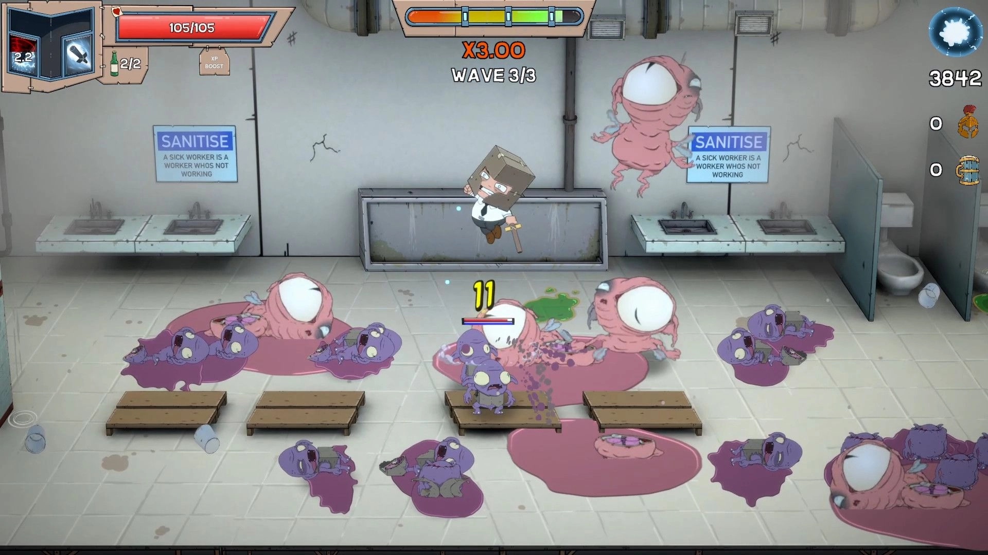 Box Knight: Character battling pink and purple monsters in a bathroom during wave 3 with health at max.