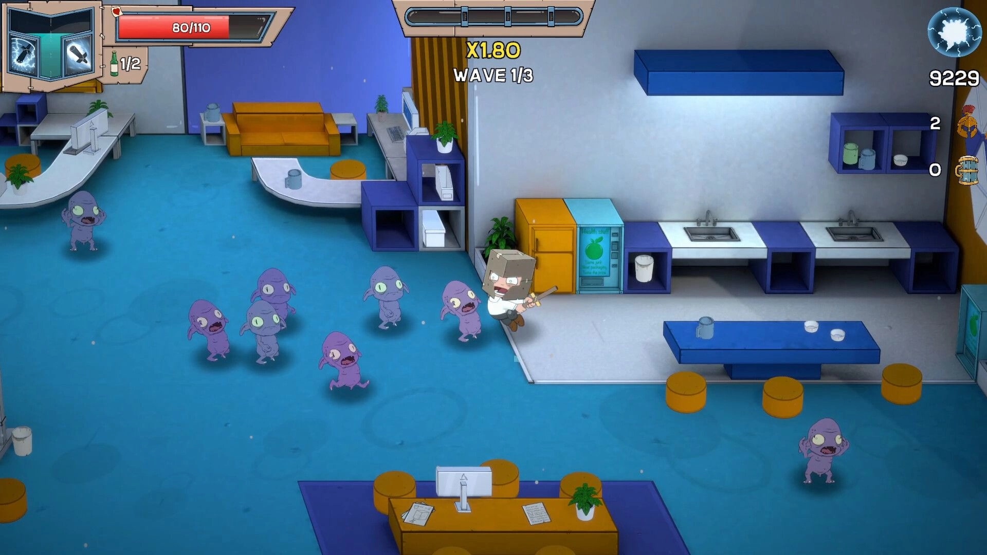 Box Knight: Player fighting purple creatures in an office break room with health bar and score visible