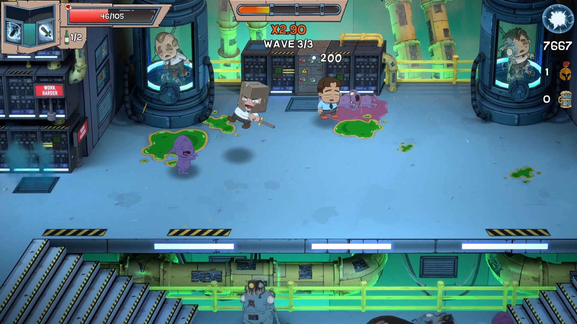 Box Knight: Combat with purple creatures in a lab setting, health bar and wave counter visible