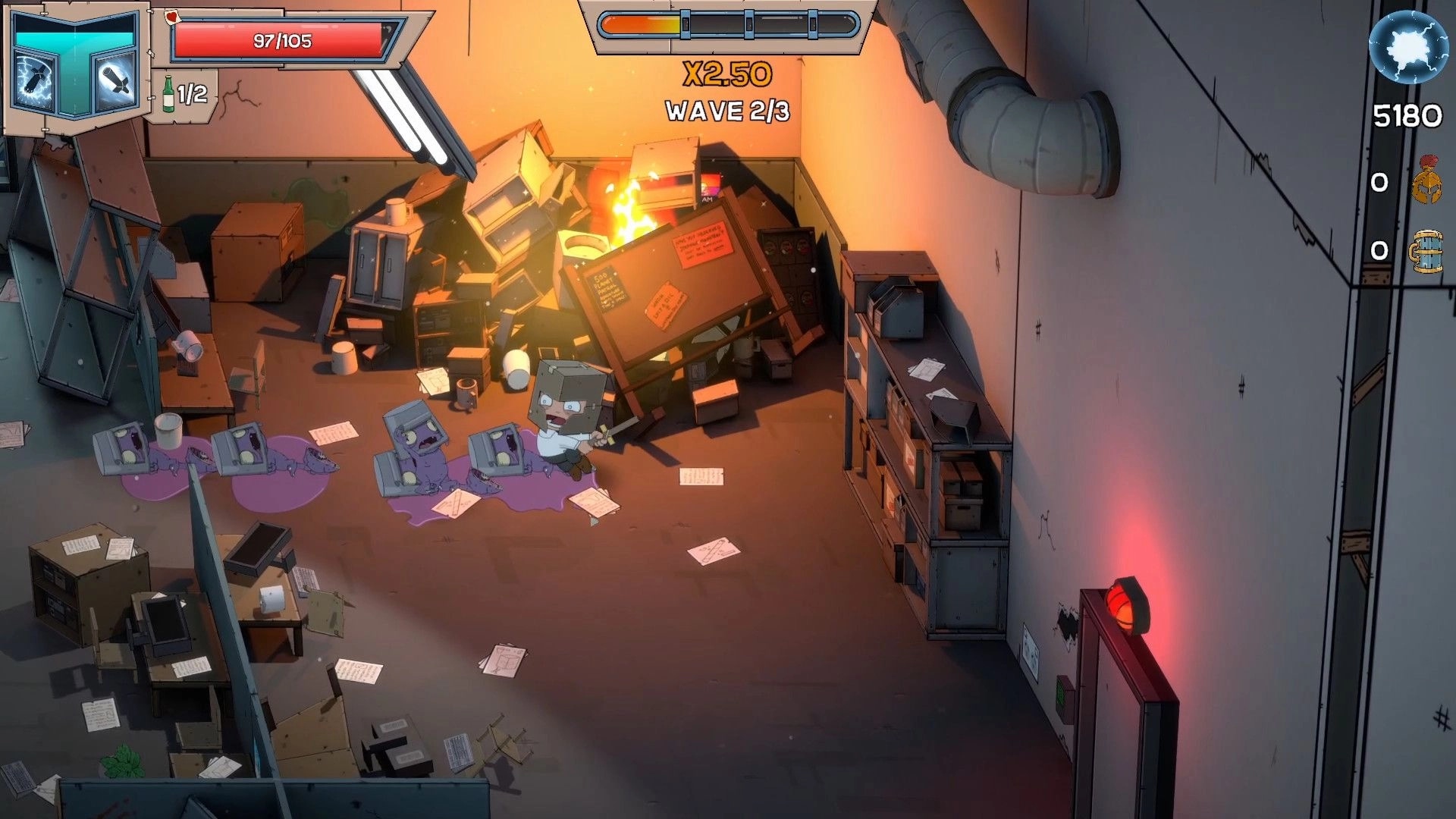 Box Knight: Hero battles computer-headed enemies in cluttered office with health and score displayed