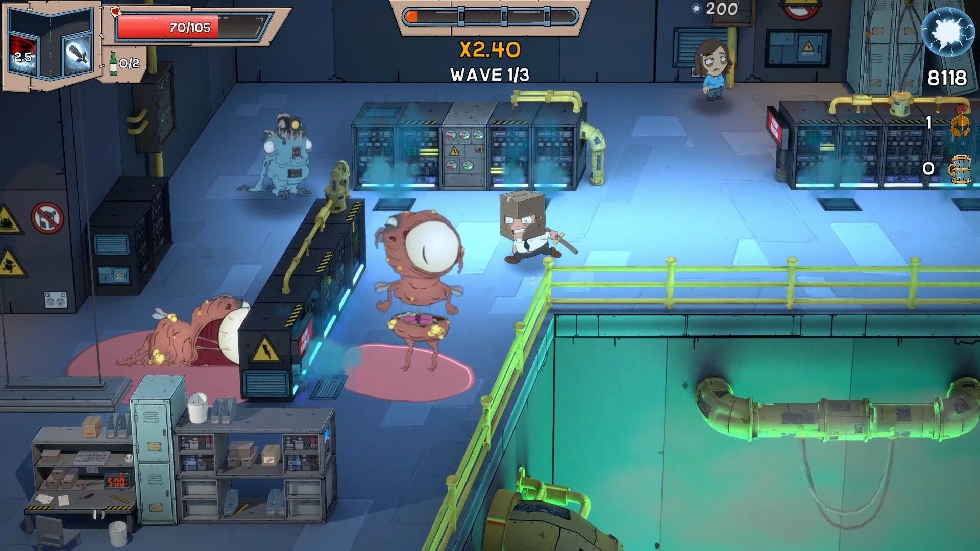 Box Knight: Player battles monsters in an industrial room with health bar and wave counter visible
