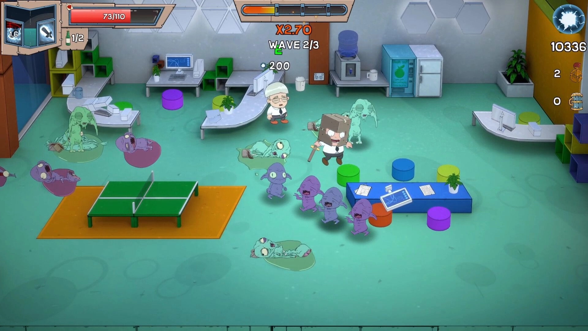 Box Knight: Hero battles cartoon monsters in a colorful office with desks and a ping pong table.