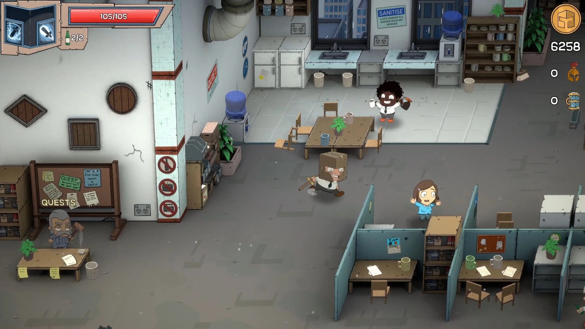 Box Knight: Office setting with characters in cubicles, quest board, and health bar displayed