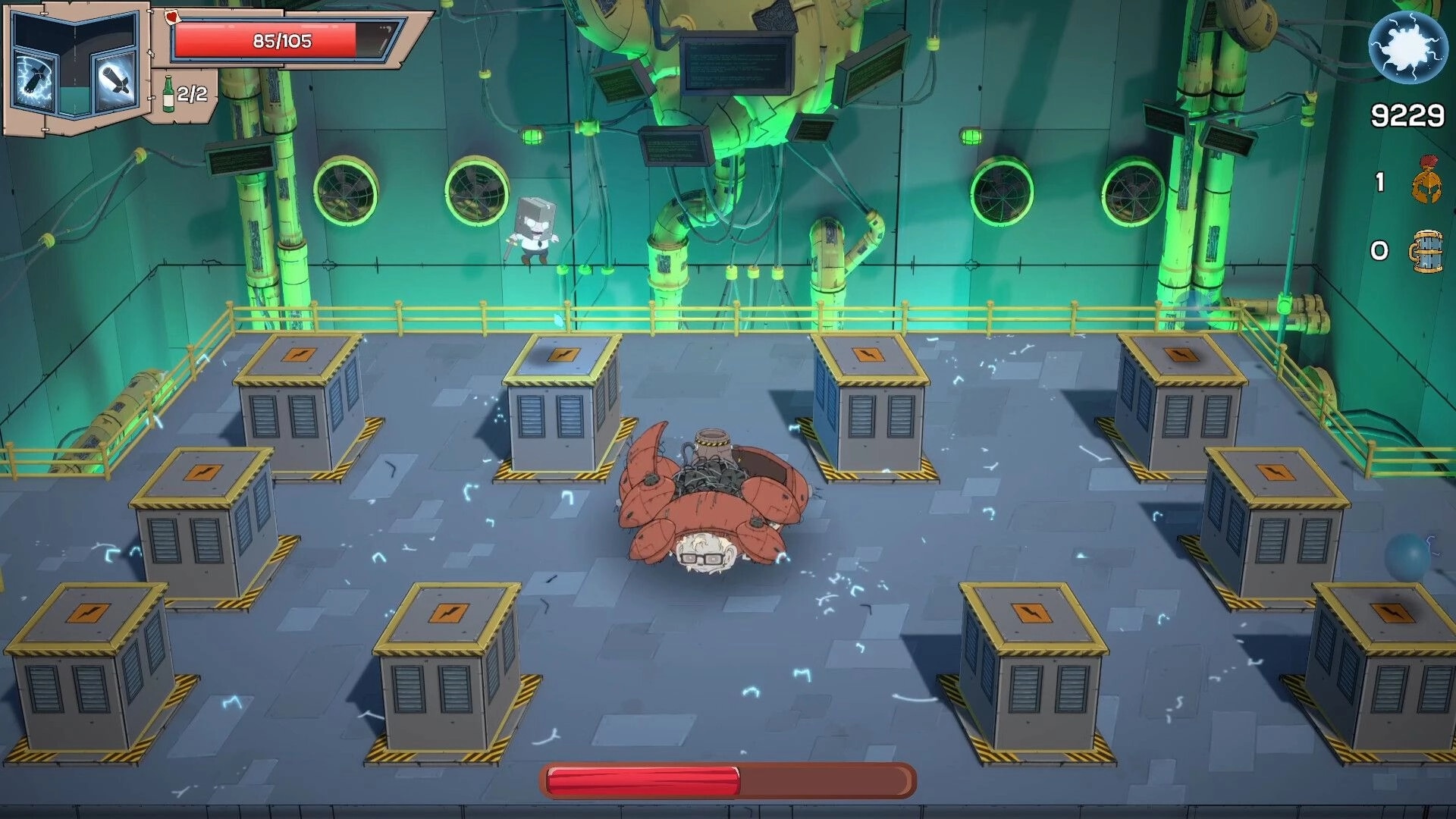 Box Knight: Hero in combat with mechanical boss in industrial arena with health bar and UI elements.