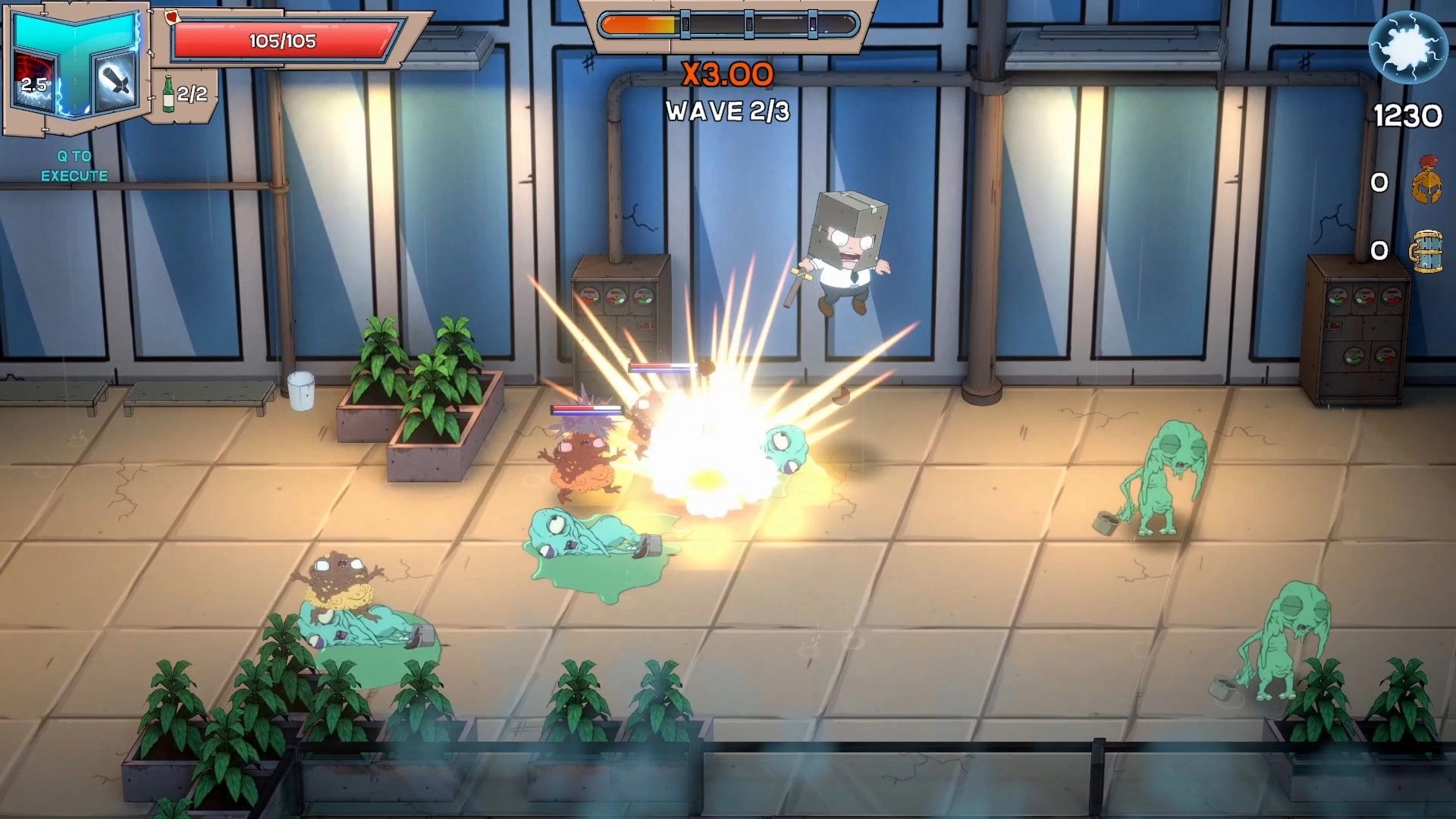 Box Knight: Character mid-jump attacking enemies with explosion in an office hallway during wave 2 of 3