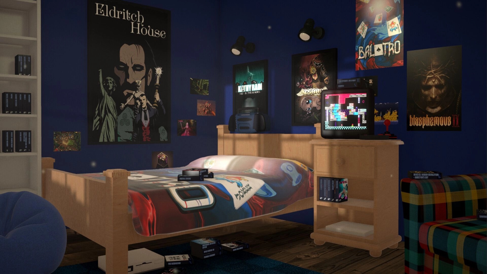 BOXROOM: Bedroom diorama with game posters, bed, shelves of cases, and a CRT arcade screen glowing.