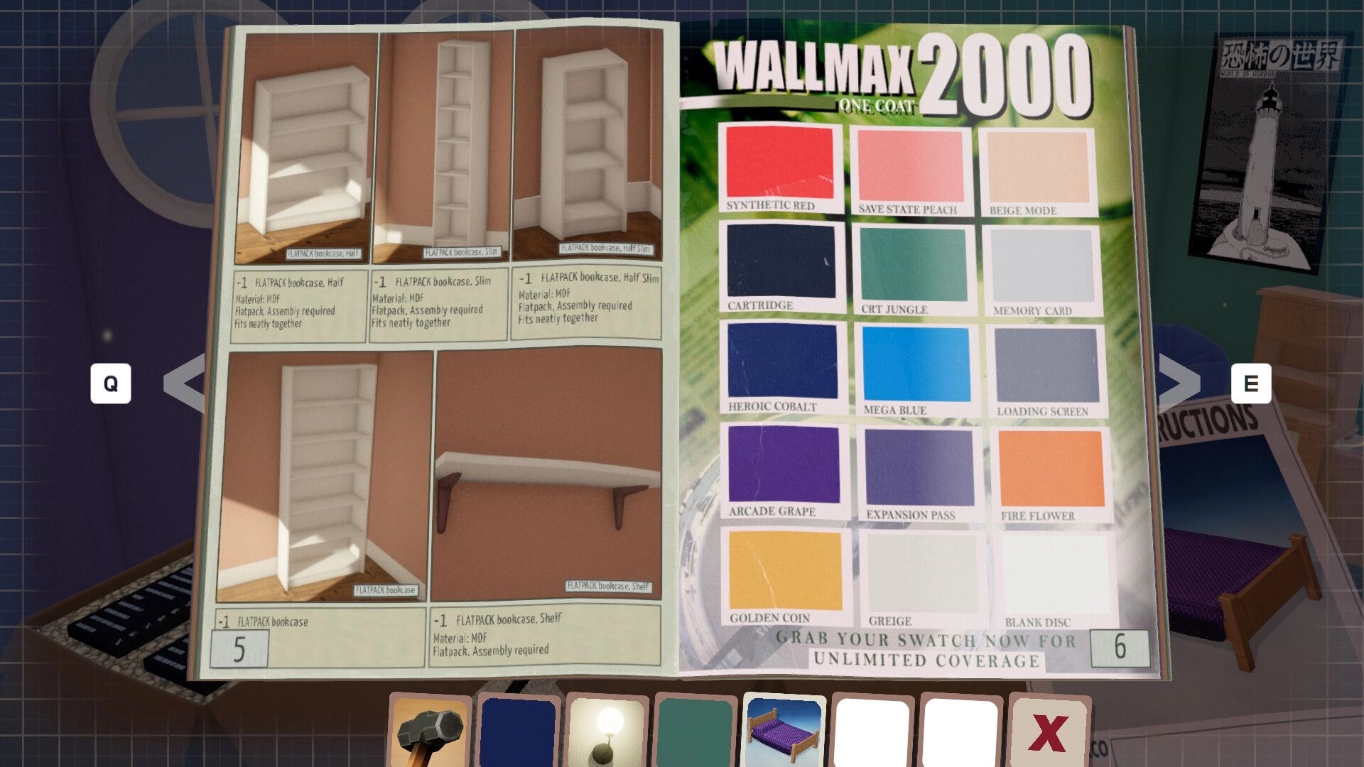BOXROOM: Catalog UI with bookcase options and Wallmax 2000 paint swatches in a bedroom workshop.