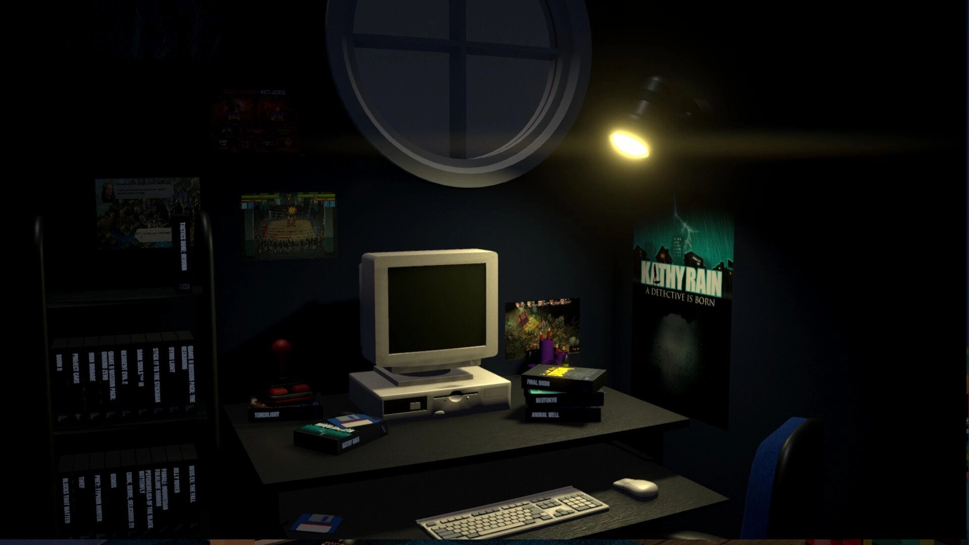 BOXROOM: Desk with CRT computer, keyboard and game boxes in a dim bedroom with posters and shelves.