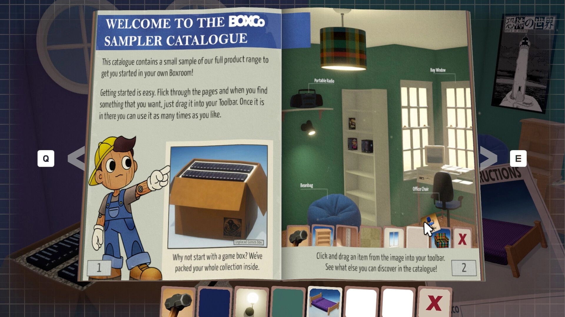 BOXROOM: Sampler catalogue UI open with drag-and-drop items in a cozy bedroom design scene.