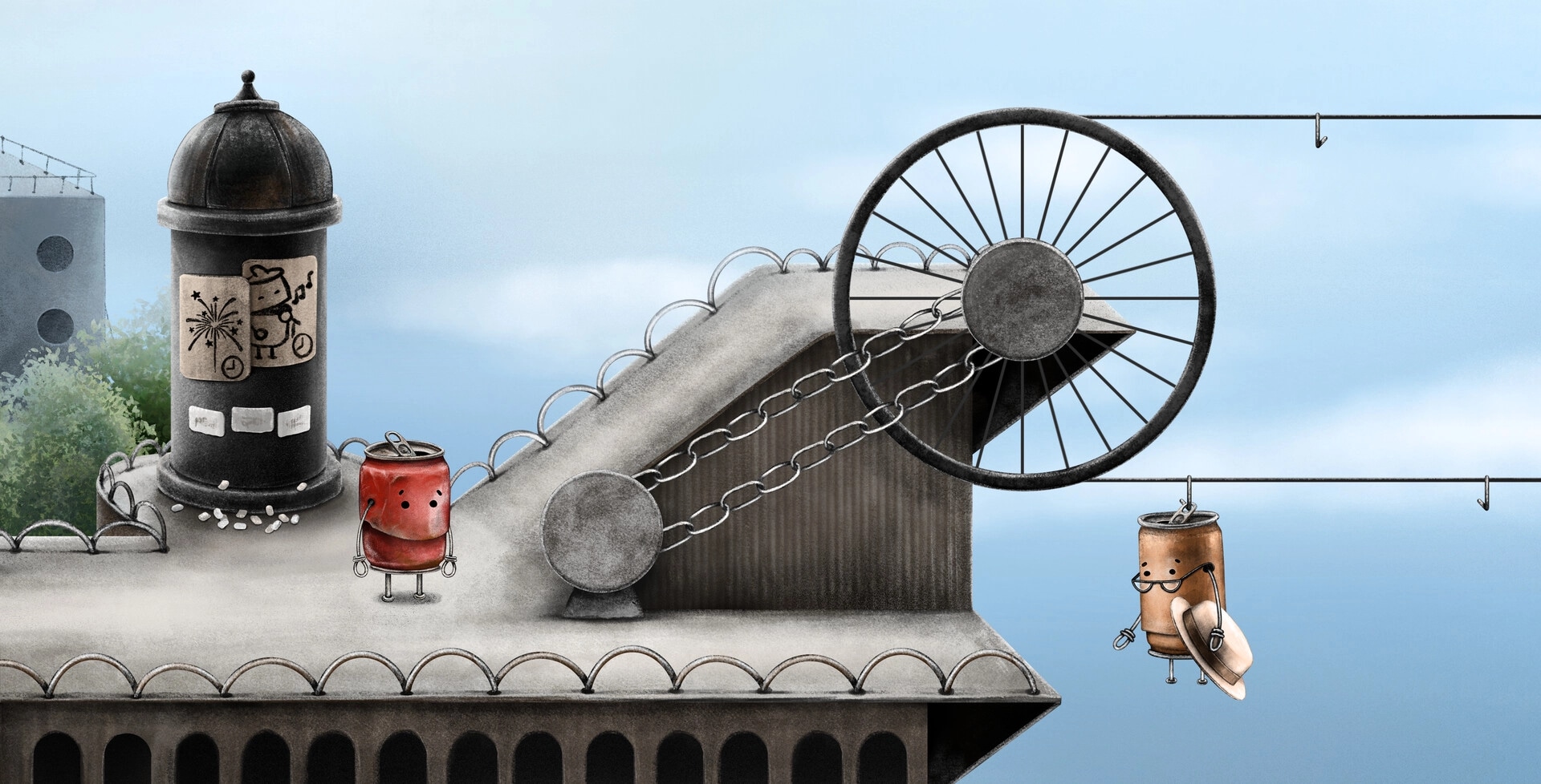 Boxville 2: Red can character on rooftop near a large wheel and poster, with a blue sky background.