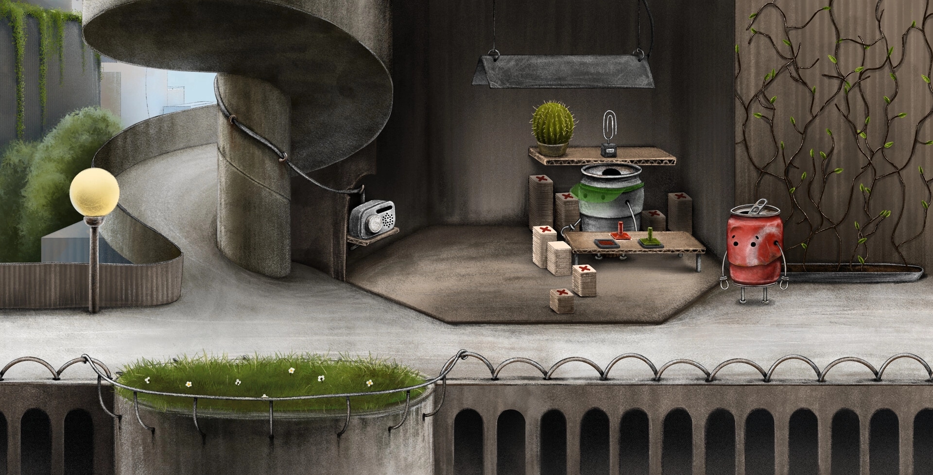 Boxville 2: Red can character stands in a room with boxes, cactus, and vines on the wall.