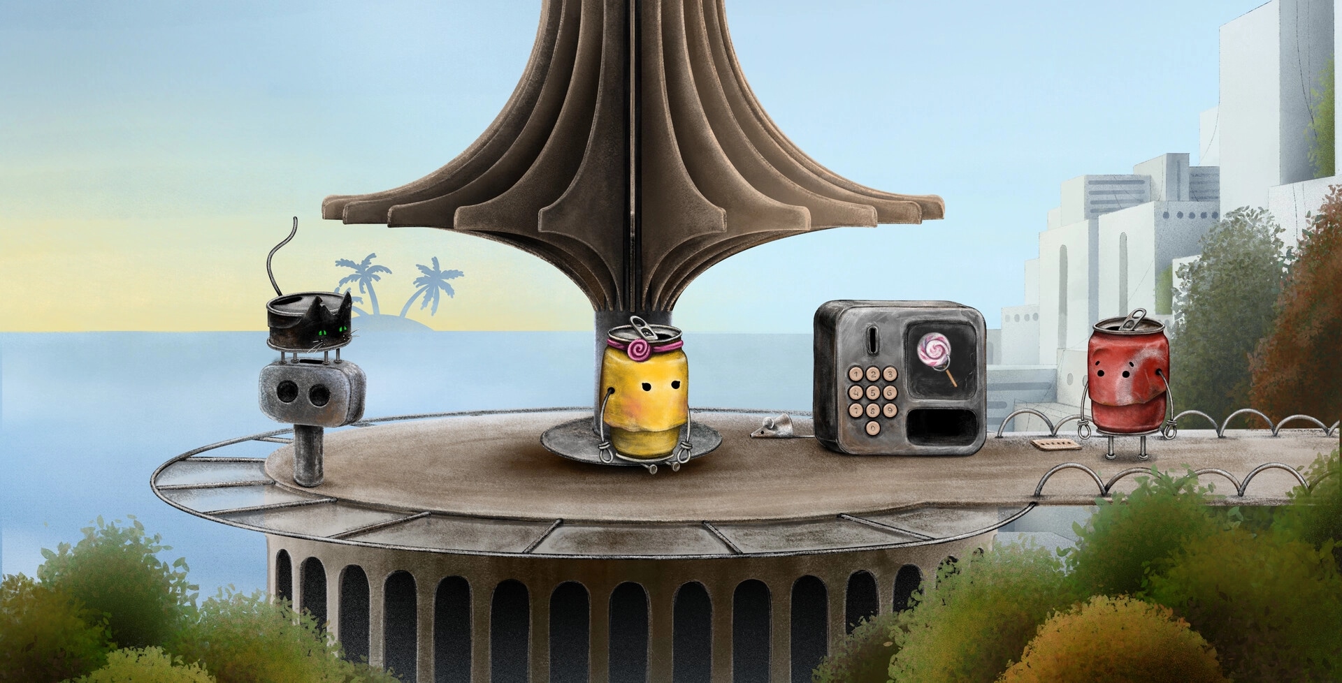 Boxville 2: Two cans on a platform with a keypad device overlooking a scenic coastal city.