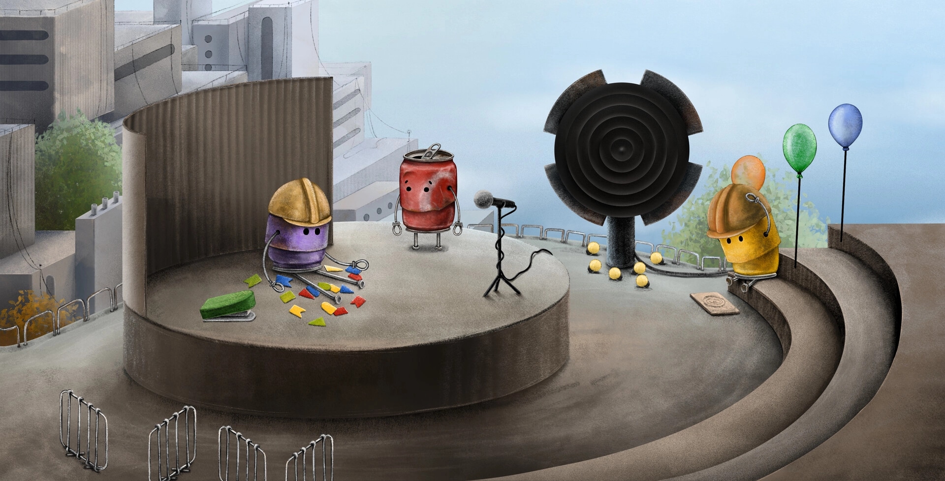 Boxville 2: Two cans on stage with a large speaker, balloons, and colorful items in a city setting