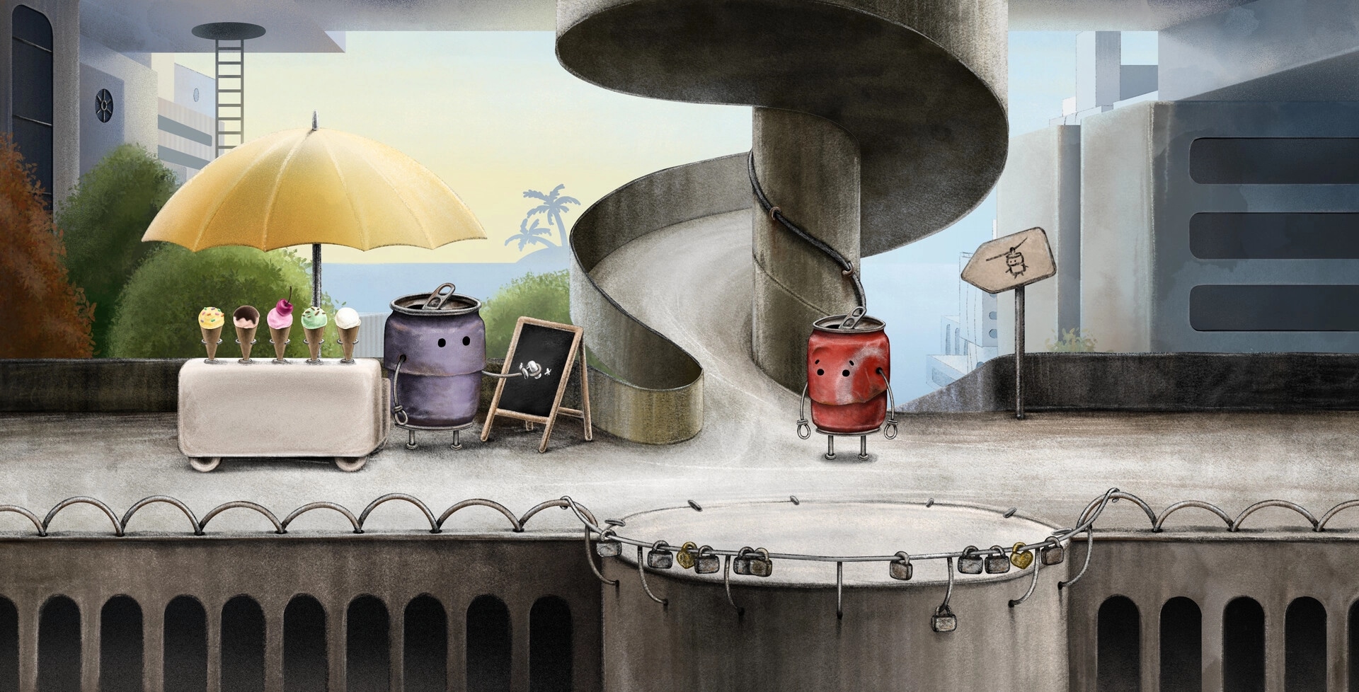 Boxville 2: Red can character near spiral slide, ice cream stand with umbrella in urban setting