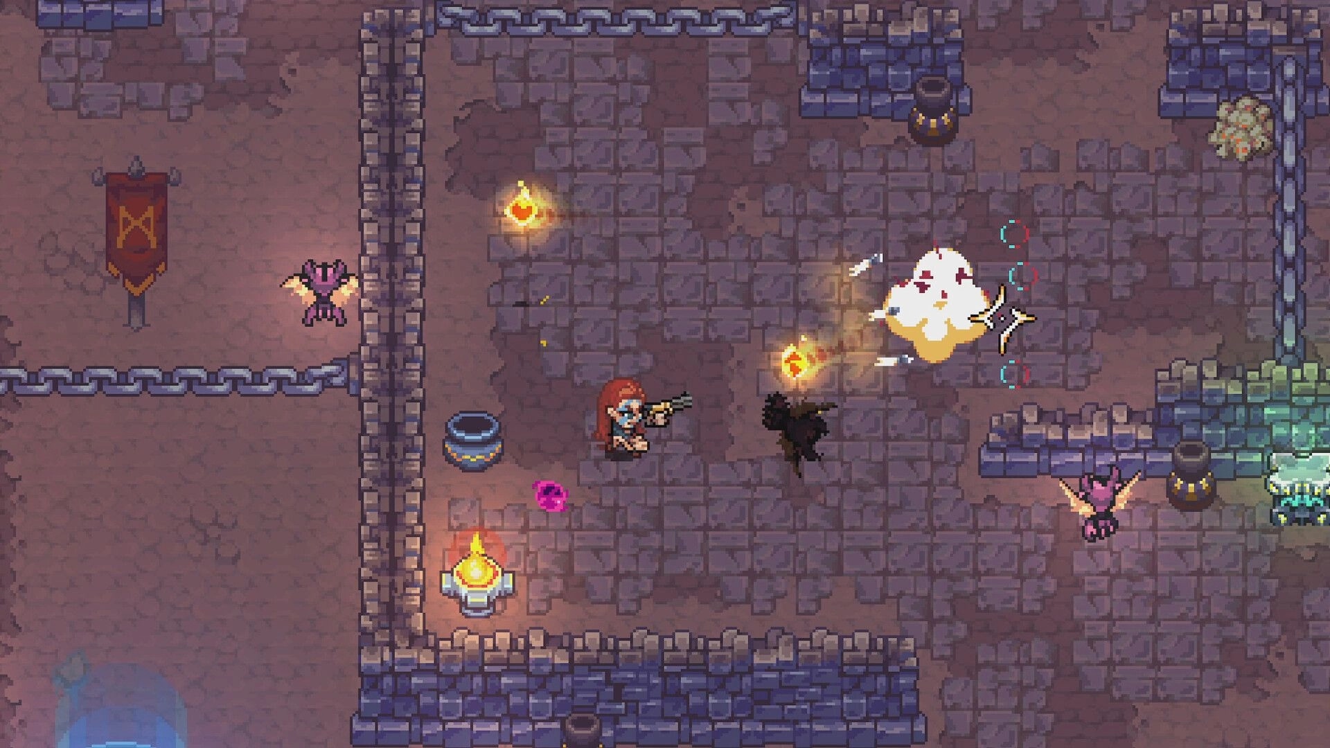 BPM Bitcrushed: Top-down hero fires pistol at floating foe amid torches and stone dungeon walls.