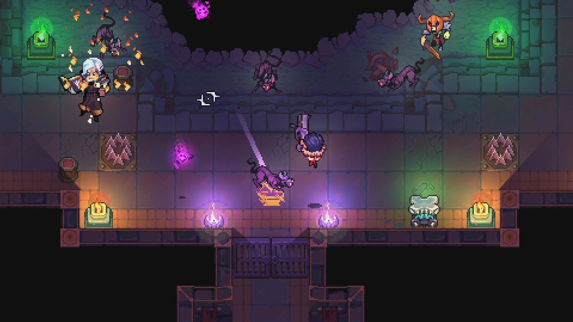 BPM Bitcrushed: Top-down dungeon fight with heroes and bats near torches and a locked gate below.