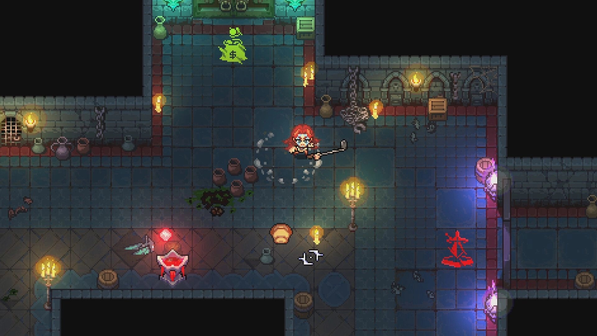BPM Bitcrushed: Red-haired hero swings a mace at a bat enemy in a torchlit dungeon corridor.