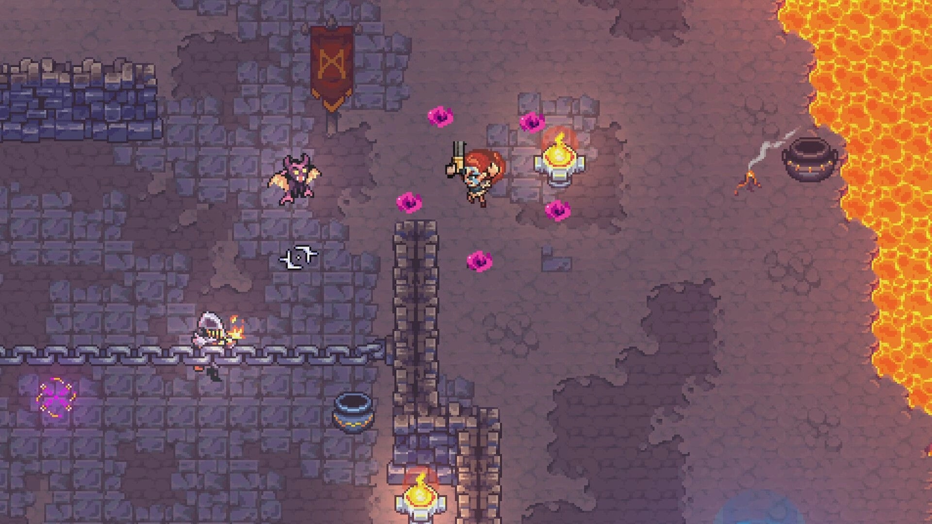 BPM Bitcrushed: Hero shoots at a bat demon amid pink notes in a stone dungeon beside lava river.