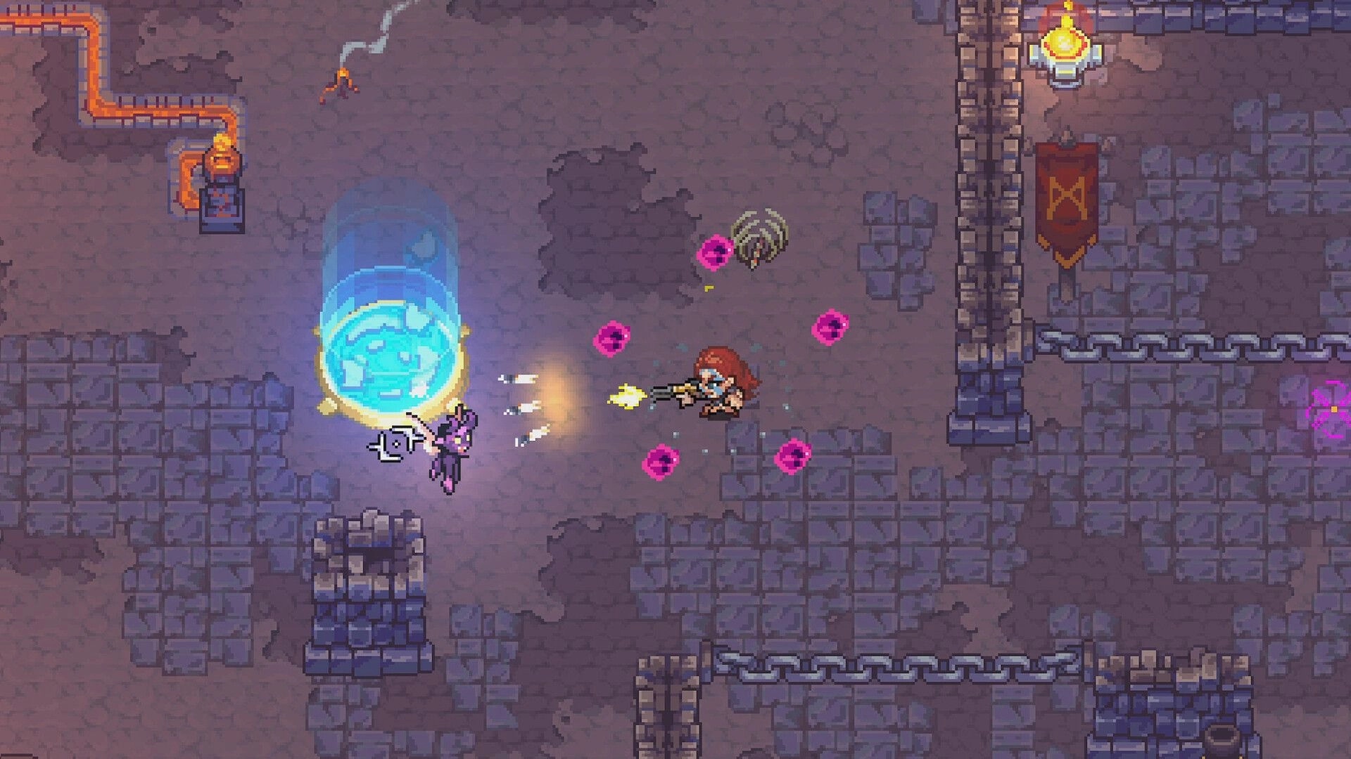 BPM Bitcrushed: Red-haired shooter fires at a purple foe by a glowing portal in stone dungeon room.