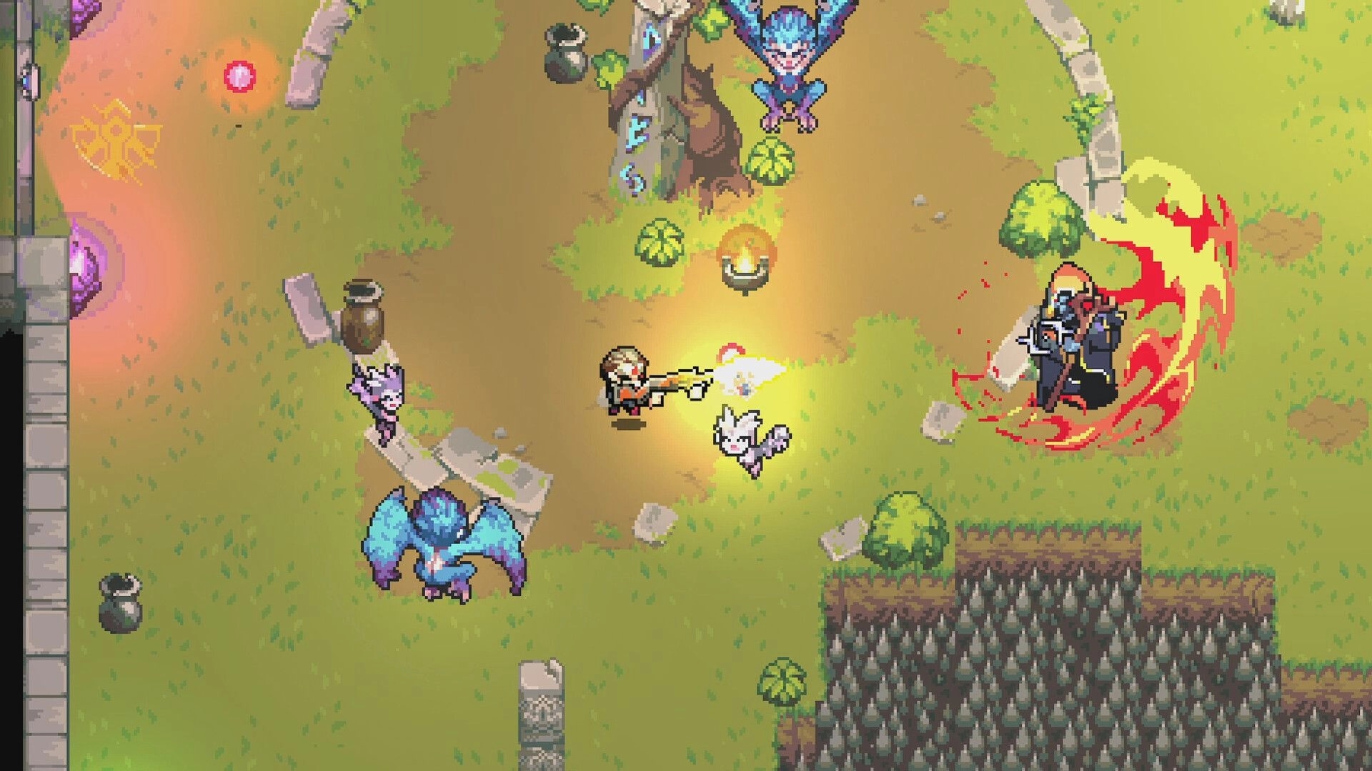 BPM Bitcrushed: Top-down gunfight as hero fires at robed foe amid bats, ruins, spikes and shrubs.