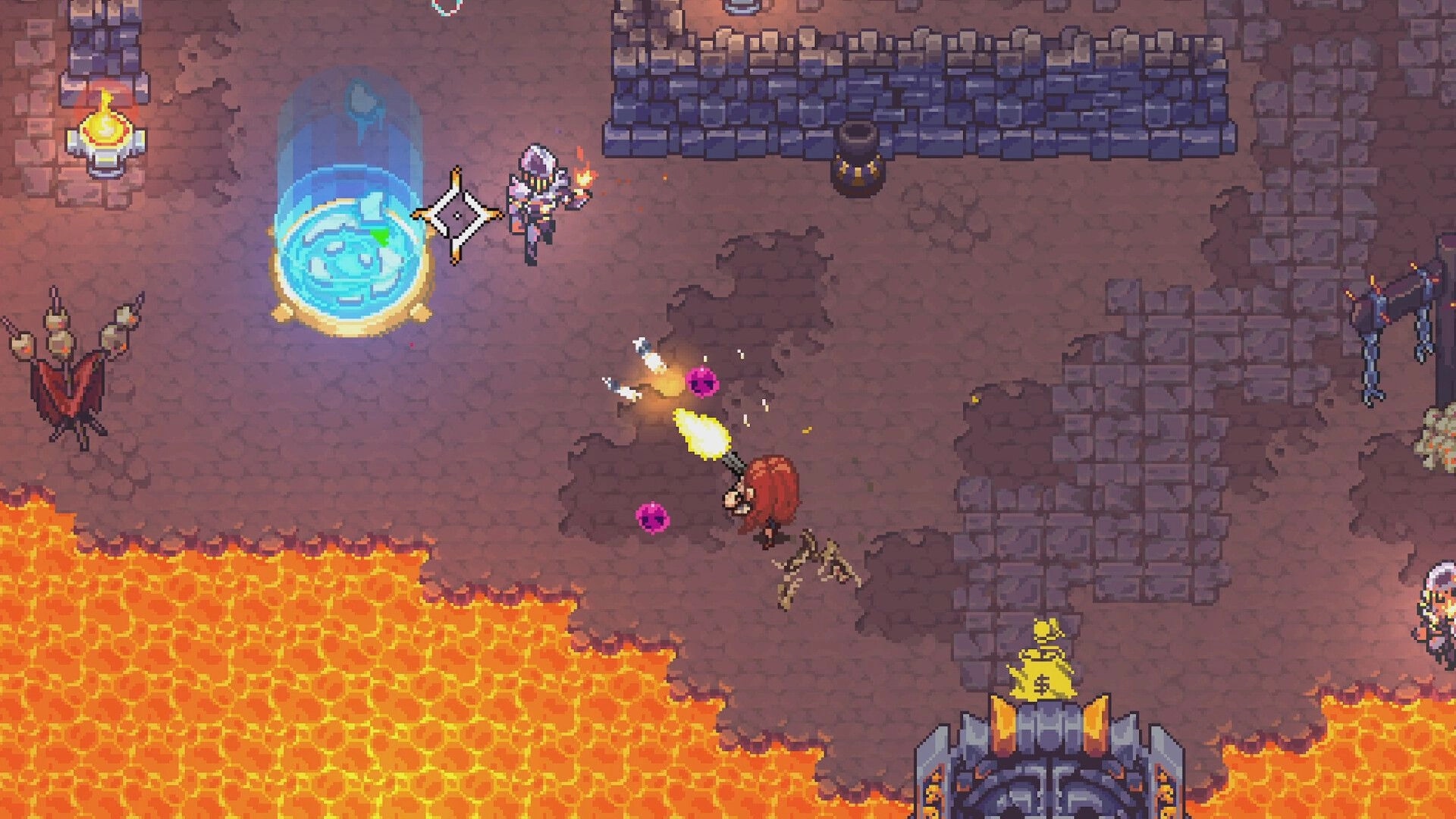 BPM Bitcrushed: Hero fires at pink slimes near a glowing portal in a lava-lined stone dungeon room.
