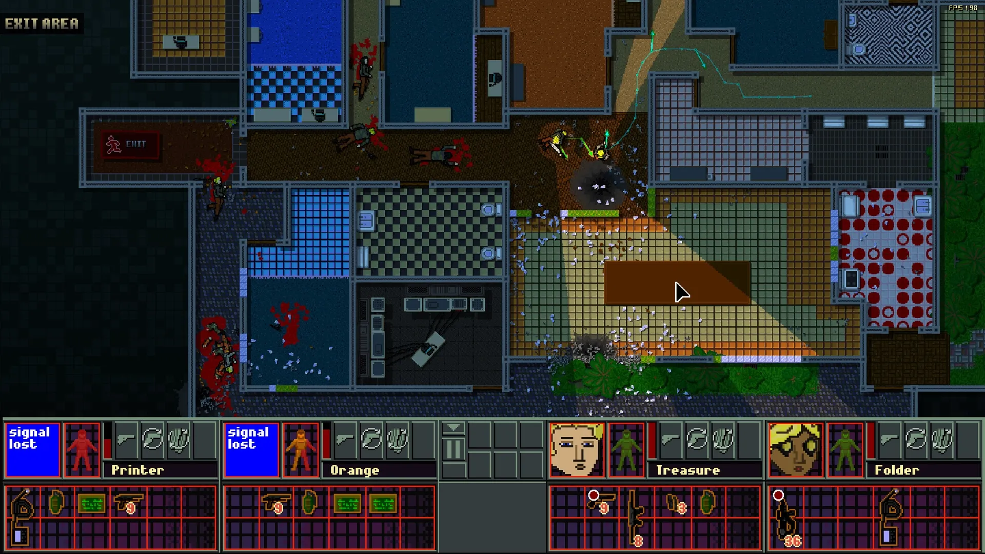 Brain Hack Squad: Tactical view with agents navigating a complex building, UI showing inventory and status