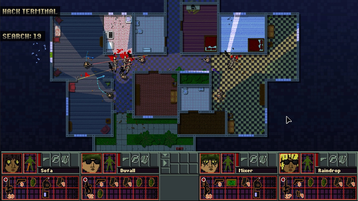 Brain Hack Squad: Tactical combat in a multi-room building with agents Sofa, Duvall, Mixer, Raindrop