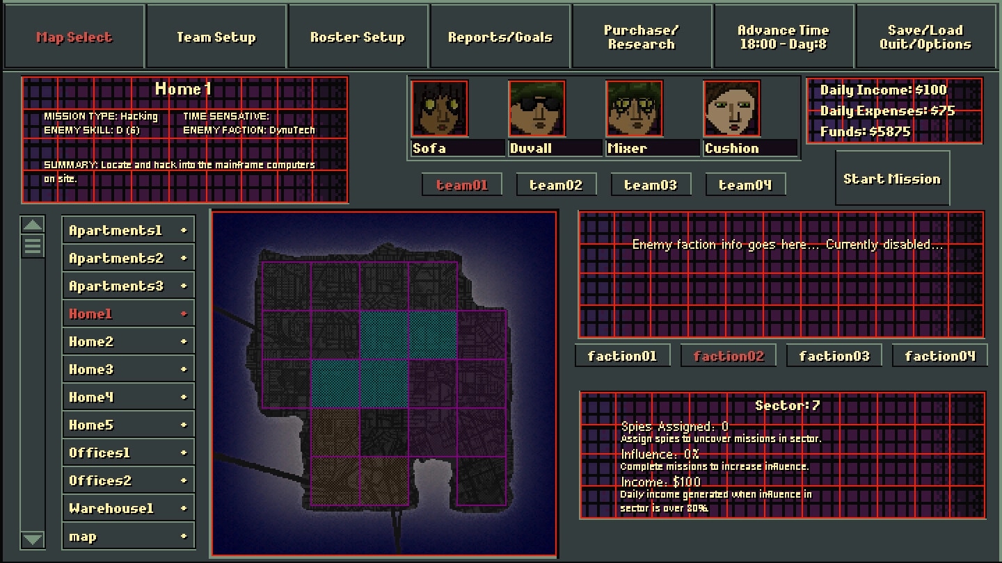 Brain Hack Squad: Mission setup screen with team profiles, map selection, and financial overview displayed