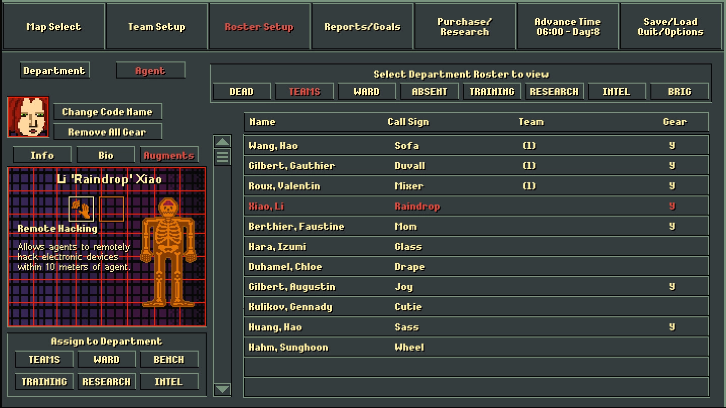 Brain Hack Squad: Character info screen for Li "Raindrop" Xiao with remote hacking details displayed