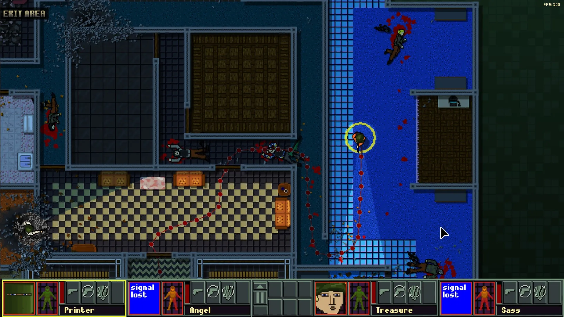 Brain Hack Squad: Agent navigating bloodstained hallway with enemy bodies, tactical HUD visible
